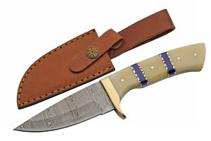 Hunting Knife Stainless Blade Blue/Bone/Brass Handle 9In Overall +Leather Sheath
