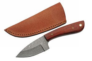 Hunting Knife | Rite Edge Damascus Steel 3in Blade Mahogany Wood Handle + Sheath