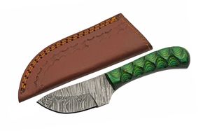 Hunting Knife Scout Small Damascus Steel Blade Full Tang Green + Leather Sheath