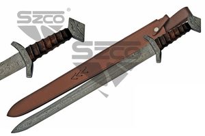 Short Sword | Damascus Steel Blade Medieval Knight Rogue + Leather Sheath