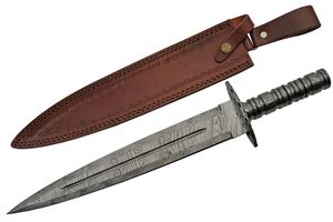 Short Sword 12.5in. Blade All Damascus Steel Double Edge Dagger Knife + Sheath