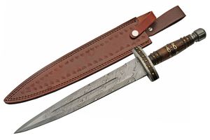 Dagger Damascus Steel Double Edge Blade Brass Wood Handle 19In Overall + Sheath