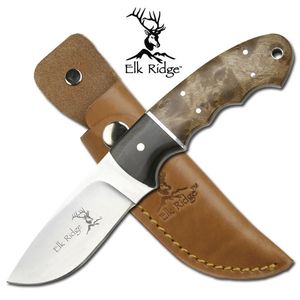Elk Ridge Burl Wood Handle Fixed Blade Hunting Skinning Knife W/ Sheath