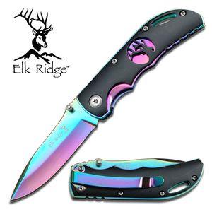Folding Pocket Knife Elk Ridge Black Handle Rainbow Blade Small Hunter EDC