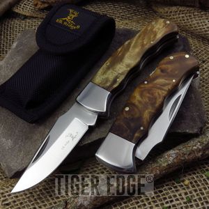 Elk Ridge Filework Spine Burl Wood Hunter's Folding Knife w/ Pouch