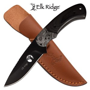 Hunting Knife Elk Ridge 4in. Black Blade Full Tang Black Wood Handle + Sheath
