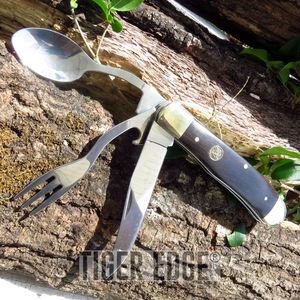 Folding Pocket Knife Elk Ridge Black Wood Spoon Fork Blade Hobo Camp Multi Tool