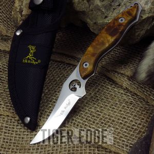 Elk Ridge Full Tang Mirror Blade Burl Wood Handle Fixed-Blade Hunting Knife