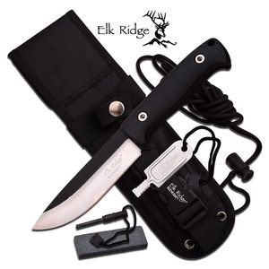 Fixed Blade Survival Knife | Elk Ridge Black Fire Starter Sharpener Set Er-555Bk