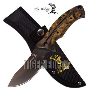 Fixed-Blade Hunting Knife Elk Ridge 8.75in Black Blade Wood Camo Skinner