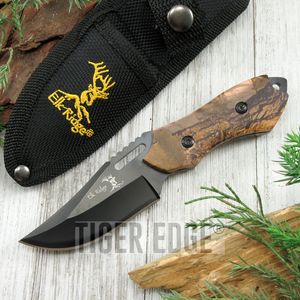Hunting Knife Elk Ridge 6in Full Tang Black Blade Camo Handle Skinner