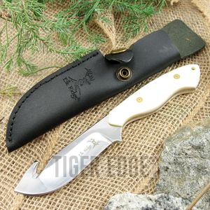 Fixed-Blade Hunting Knife Elk Ridge Bone Handle Gut Hook Blade Skinner + Sheath
