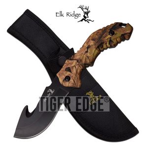 Fixed-Blade Hunting Knife Elk Ridge 9.2in. Black Gut Hook Blade Camo Survival
