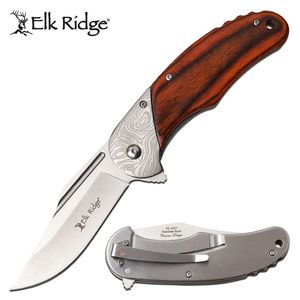 Spring-Assist Folding Knife Elk Ridge 3.5in. Blade Brown Wood Handle EDC A957Br