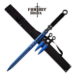 Ninja Sword Set Fantasy Black Blue Blade Double Edge + 2 Kunai Throwing Knives