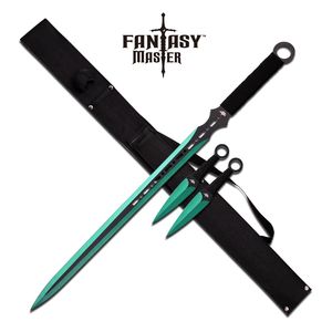 Ninja Sword Set Black Green Blade Double Edge + 2 Kunai Throwing Knives