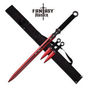 Ninja Sword Set Fantasy Black Red blade Double Edge + 2 Kunai Throwing Knives