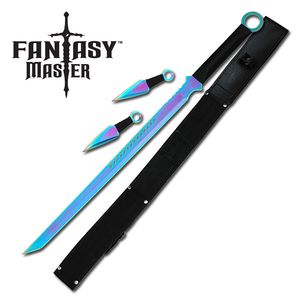Ninja Sword Set Fantasy Black Rainbow Blade Tanto + 2 Kunai Throwing Knives