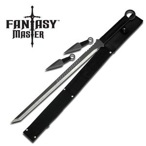 Black Fantasy Short Sword With Two Throwing Knives Futuristic Ninja Blade