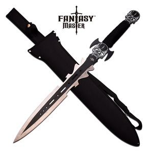 Fantasy Short Sword 27in. Gray Black Blade Demon Skull Gladius + Shoulder Sheath