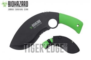 Kukri Machete Biohazard Curved Serrated Black Zombie Blade Green Handle + Sheath