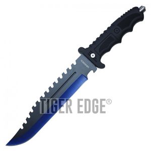 Tactical Hunting Knife 13.5in. Wartech Blue Black Blade Military Combat + Sheath