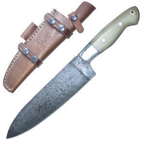 Kitchen Knife | Damascus Steel Blade Full Tang Bone Handle + Leather Sheath