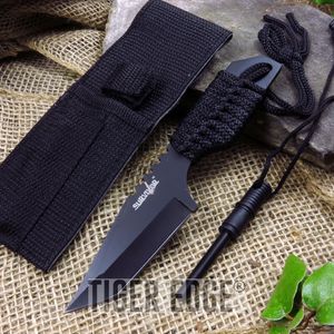 Black 7in. Full Tang Tanto 4mm Blade Survival Knife w/ Sheath And Fire Starter