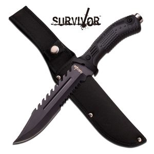 Fixed Blade Knife Survivor Black Tactical Serrated Full Tang Rubber EDC Hk-793Bk