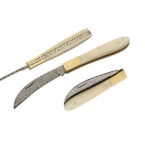 Pocket Knife Premium Damascus Steel Hawkbill Blade Bone/Brass Handle Folder
