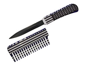 Comb Knife 6in. Overall Hidden Black Blade Self-Defense Tactical - Blue USA Flag