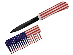 Comb Knife 6in. Overall Hidden Black Blade Self-Defense Tactical - USA Flag