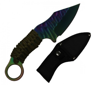 Survival Knife Wartech 7.5in. Overall Rainbow Blade Army Green Paracord Handle