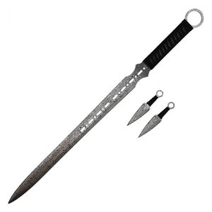 Fantasy Sword Set 27in. Damascus Etch Spear Tip Blade With Throwing Knives Ninja