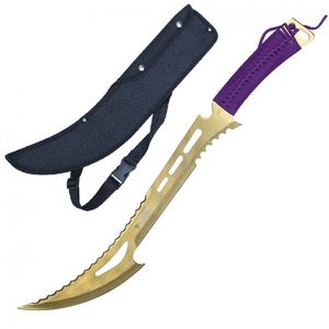 Fantasy Knife 24in. Overall Curved Sawback Blade Machete Purple Gold + Sheath