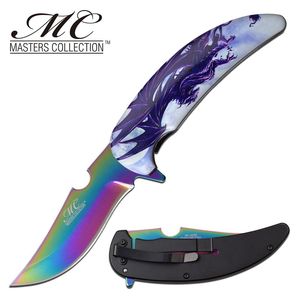 Spring-Assist Folding Knife Rainbow Mirror Blade 4in. Blade Fantasy Dark Dragon