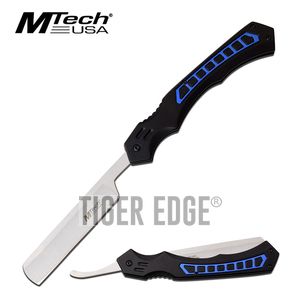 Straight Razor | Mtech Tactical Black Blue Stainless Steel Blade Folding Knife