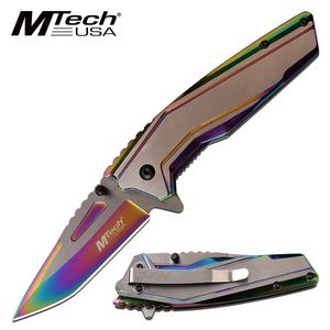 Spring-Assist Folding Knife Mtech 3in Blade Heavy Duty Rainbow Gray Tactical EDC