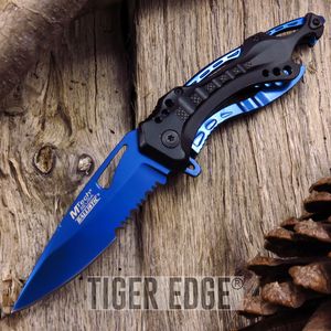 Mtech Blue Titanium Futuristic Spring-Assisted Serrated Blade Folding Knife