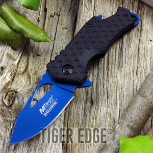 Spring-Assist Folding Pocket Knife | Mtech Blue Blade Black Tactical Bottle Open