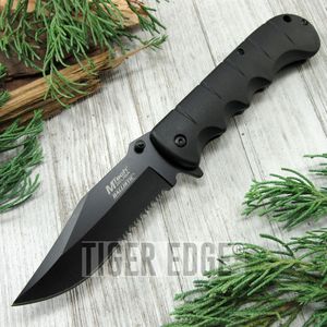 Spring-Assist Folding Knife Black 3.75in Serrated Clip Point Blade Tactical EDC