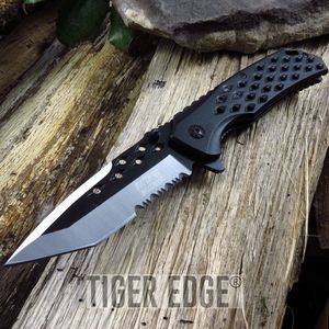 Spring-Assist Folding Knife Black Silver 3.75in Serrated Tanto Blade Tactical EDC