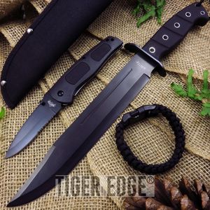 Knife Set | Black Tactical Bowie + Serrated Folding Blade + Paracord Bracelet