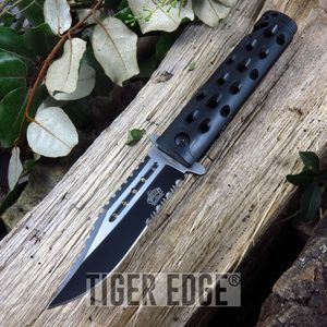 Black Standard Serrated Spring Assisted Tactical Rescue EDC Folding Knife