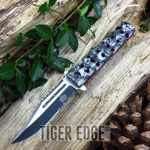 Gray Skull Camo Serrated Spring Assisted Tactical Rescue EDC Folding Knife