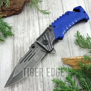 Spring-Assist Folding Knife | Mtech 3.35in Stone Gray Blade Tactical Rescue Blue