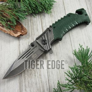 Spring-Assist Folding Knife Mtech 3.35in Stone Gray Blade Tactical Rescue Green