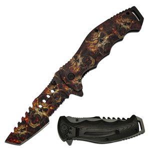 Spring-Assist Folding Knife 3.75In Blade Black Red Skull Fire Tactical EDC