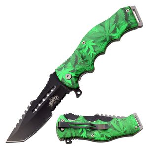 Spring-Assist Folding Knife 3.75in Black Blade Green Weed Cannabis Marijuana EDC