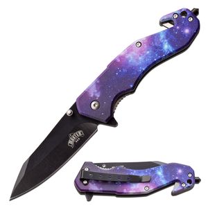 Spring-Assist Folding Knife | 3.25in Black Blade Purple Space Galaxy Rescue EDC